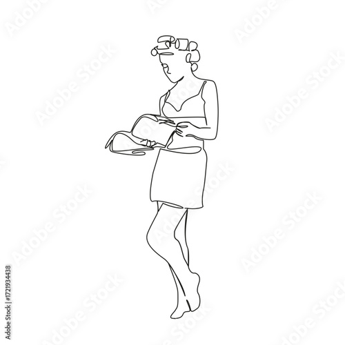 One continuous single drawing line art flat doodle beauty, hair curlers, hair, looking, fashion. Isolated image hand draw contour on a white background, hand drawn, not AI