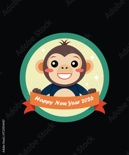 A happy monkey holding a banner for New Year 2026.