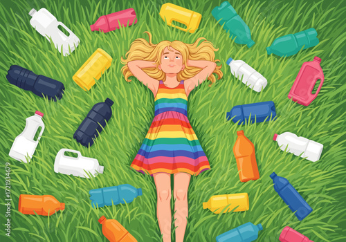 Young girl surrounded by plastic bottles lying on green grass, environmental pollution concept