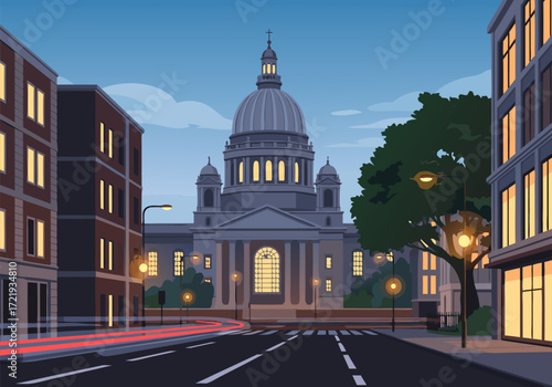 Urban Architectural Landscape with Dome at Dusk - Vector Cityscape Illustration 
