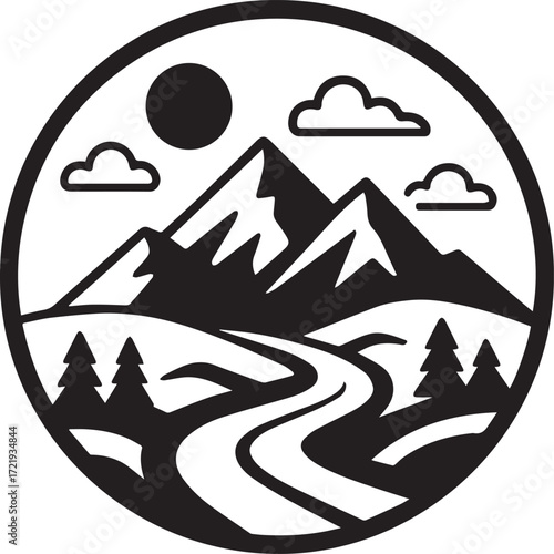 Circular black and white mountain landscape with winding river and trees