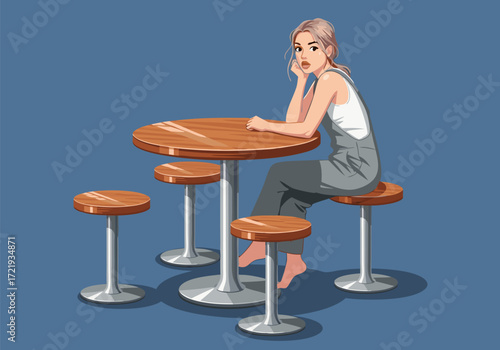 A young woman sits at a round wooden table with stools in a modern cafe interior design