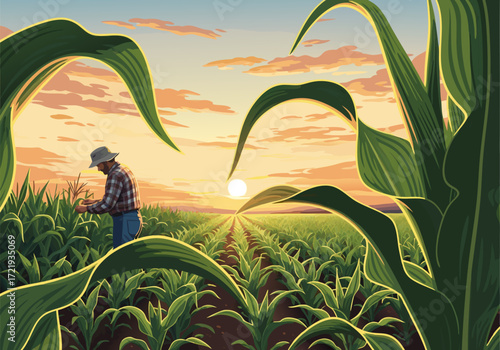 Stylized vector illustration of a farmer tending to his crops in a cornfield at sunrise