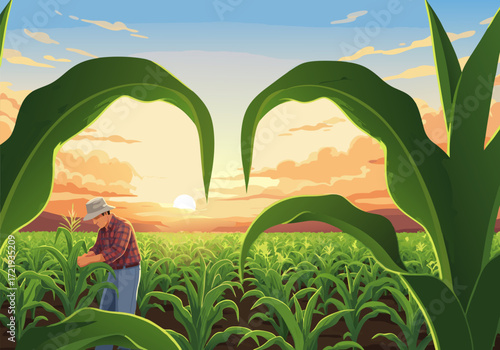 Farmer inspecting crops in a lush cornfield at sunset, agriculture and sustainable farming