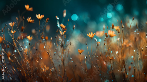A field of orange flowers with bokeh lights on a dark teal background in a dreamy aesthetic