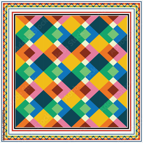 Colorful geometric shape scarf pattern featuring diamond shapes in vibrant hues like green, blue, orange, and pink, square borders designs motif