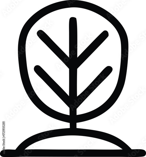 Simple line art tree icon a minimalist stylized sapling with oval canopy and ground outline for nature eco and organic themes