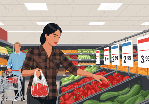 Woman choosing fresh red bell peppers from a vegetable display in a modern grocery store aisle