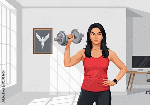 Empowered Woman Training Building Strength and Confidence with Dumbbell Workout at Home