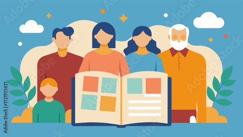 A family creating a memory book for a loved one with terminal illness filling it with photos and stories to honor their life and keep their memory alive for future generations.. Vector illustration
