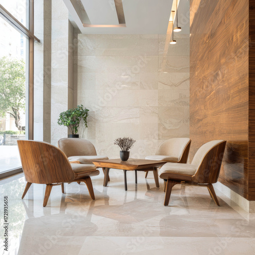 A professional interior design photo that creates a sense of luxury, sophistication, and a calm, welcoming atmosphere. The composition is well-balanced, drawing the eye to the unique furniture and the