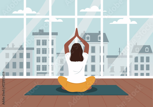 Woman's Serene Yoga Session Cityscape Backdrop in EPS format for Relaxing Visuals