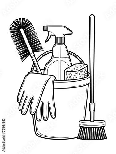 Cleaning supplies in a bucket with a brush broom and gloves