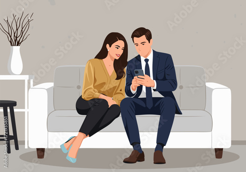 Couple enjoying and sharing time together using a phone, looking at information