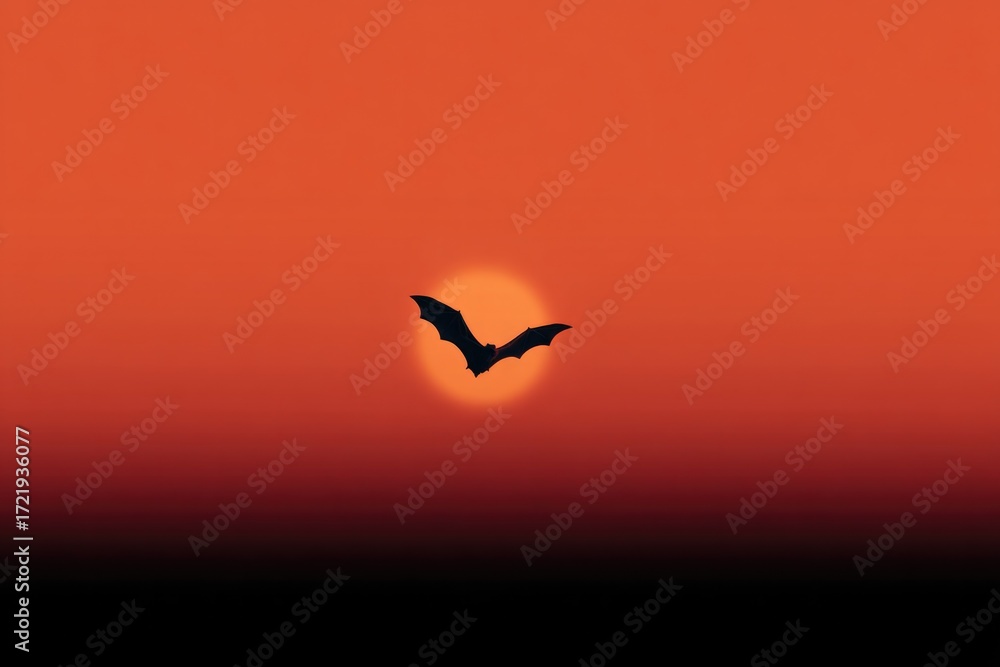 Fototapeta premium Silhouette of bat flying against vibrant sunset sky creates dram