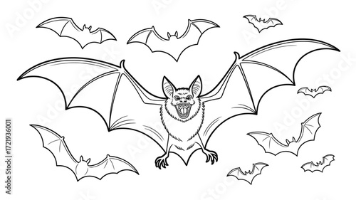 Hand drawn sketch of a group of bats flying in the night
