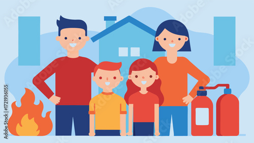 A family is shown with fire extinguishers strategically p in their home emphasizing the importance of having these devices on hand to quickly respond to a fire. The caption reads. Vector illustration