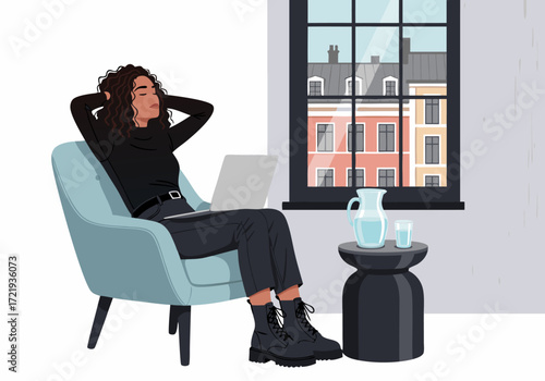 Relaxed Woman in Armchair with Laptop, Enjoying a Peaceful Moment at Home Near Window