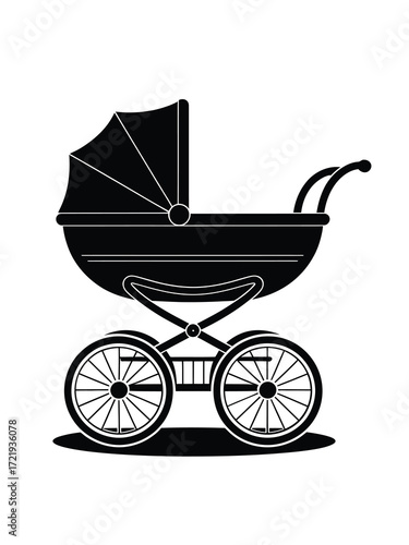 Classic black silhouette of a vintage baby stroller