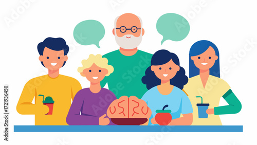 A family meeting to discuss the benefits of a healthy lifestyle for brain health as they have a family history of conditions like dementia and stroke. They are sharing tips for. Vector illustration