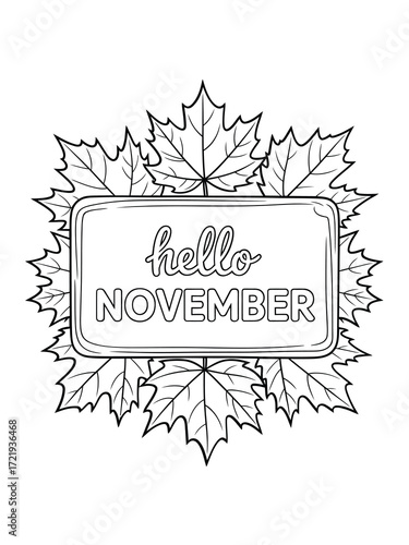 Hello november hand drawn text with autumn leaves border