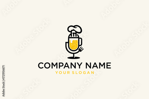 Creative vector illustration of a beer glass shaped like a microphone with a chef hat on top, unique concept design, flat minimal style, isolated on light background.