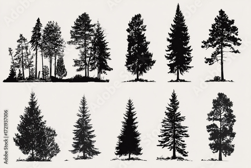Collection of black and white tree silhouettes various types of evergreen and coniferous trees nature illustration