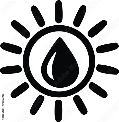 Symbol for sunshine and water droplet representing hydration heat and environmental conditions weather science and nature concepts