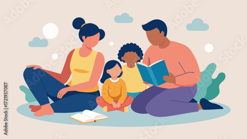 A family sitting on the floor surrounded by pillows and blankets reading from an interactive book about emotions and feelings. The book includes prompts for discussion and. Vector illustration