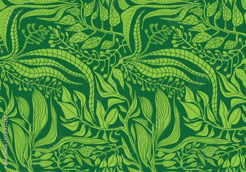 A vibrant green foliage pattern featuring intricate leaves and snake-like designs, creating a rich, organic texture.

