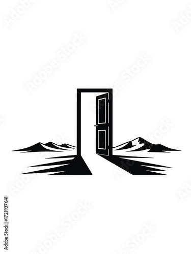 Open doorway in a desert landscape with dramatic shadows