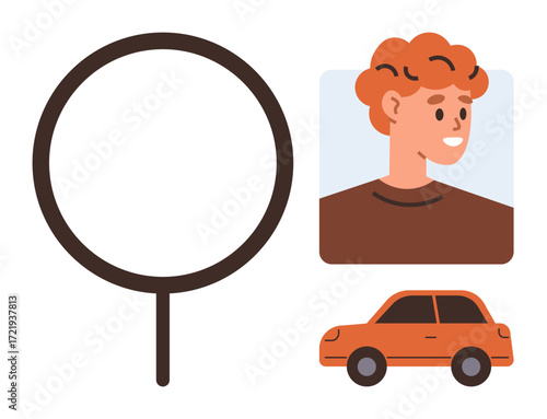 Magnifying glass highlighting a person and car illustration. Ideal for identity verification, security, recognition, recruitment, background check, transport safety, personal data themes. Simple flat