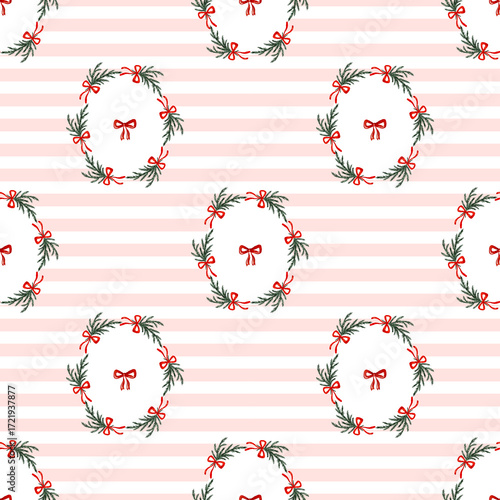 Seamless Christmas wreath pattern with red bows and pink striped girly background.