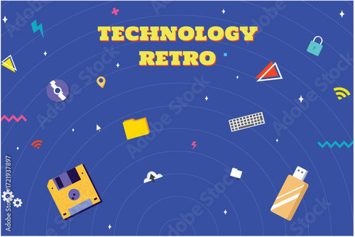 A vibrant retro technology vector featuring old-school icons like floppy disks, USBs, and folders on a bright blue background with playful geometric elements.