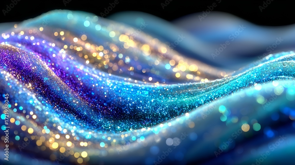 Obraz premium Abstract luxury background with glittering blue purple gold waves and bokeh lights. Dynamic elegant design template for party, celebration, fashion.