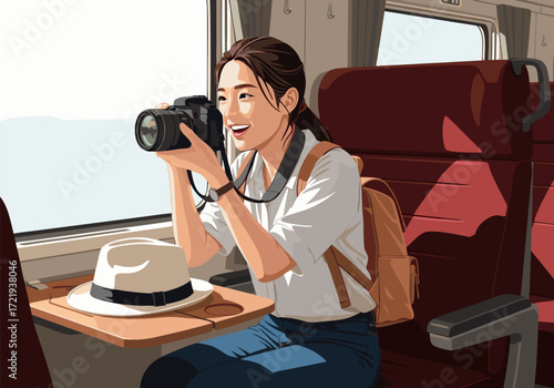 Young female traveler taking photos with a camera from a train window on a scenic journey