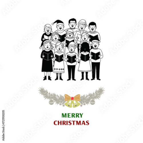 Christmas choir singing carols isolated on white background in black and white