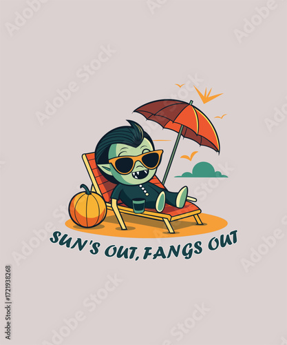 A cute vampire character relaxing on a beach chair with a pumpkin.