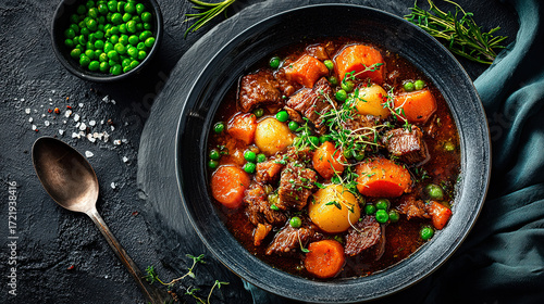 Navarin dAgneau Lamb stew with spring vegetables. Presented in a bowl placed at the center of a dark textured background