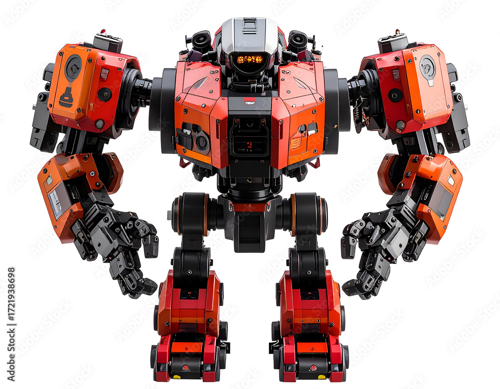 Fototapeta premium A futuristic robotic machine with a striking orange and black design, showcasing advanced mechanical features and details.