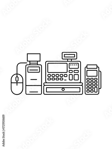 Line art illustration of a cash register computer mouse and credit card terminal