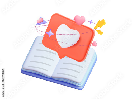 Open e-book with like icon, paper plane, and decorative elements. Concept of comments and reviews about books. Vector illustration suitable for electronic platforms and digital book portals.