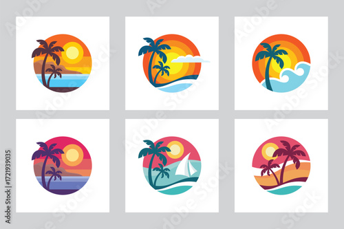 Summer travel vacation concept business logo set vector illustration in circle shape. Paradise beach coast color graphic signs. Graphic design elements.