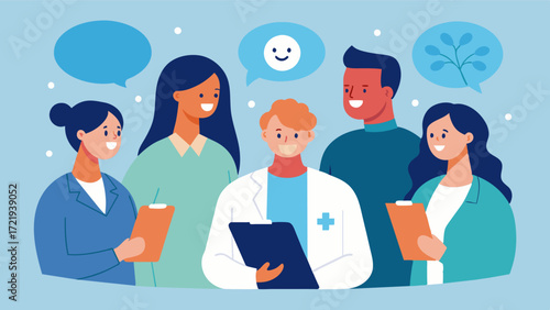 A team of mental health professionals including a psychologist social worker and psychiatrist are meeting to discuss a treatment plan for a patient with severe depression and. Vector illustration