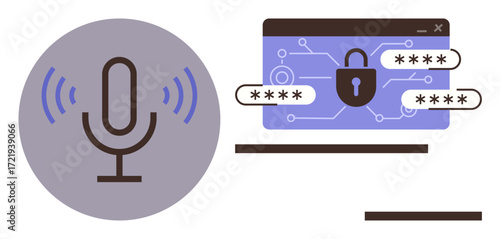 Microphone with sound waves and digital login screen with padlock and passwords. Ideal for security, AI, technology, privacy, cybersecurity, voice command, authentication. Simple flat metaphor