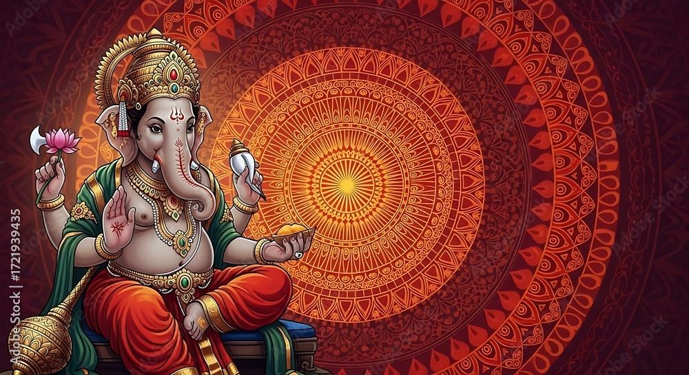 Fototapeta premium Ganesha with Lotus and Conch on Mandala Background