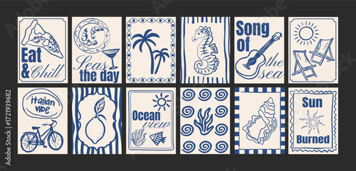 Sea summer posters beach coast ocean in minimalist. Wall decor, trendy banners of vibe, fruits, plants, cocktails in the cartoon style of Matisse. Decor of wallpaper, walls, print and postcard