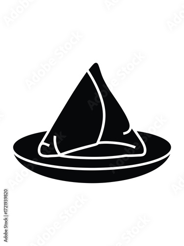 Black silhouette of a triangular samosa on a plate