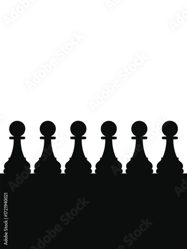 Row of black chess pawns silhouetted against white background