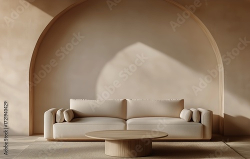 Stylish Interior Design Featuring a Modern Beige Sofa and Round Table